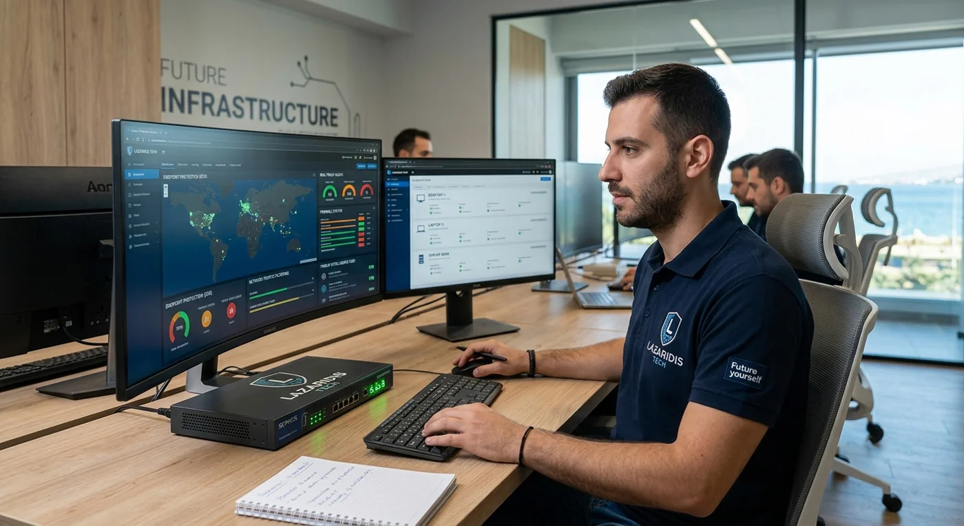 Τεχνικός δικτύων της Lazaridis Tech παραμετροποιεί live dashboard προστασίας τερματικών (EDR) και firewall σε σύγχρονο γραφείο